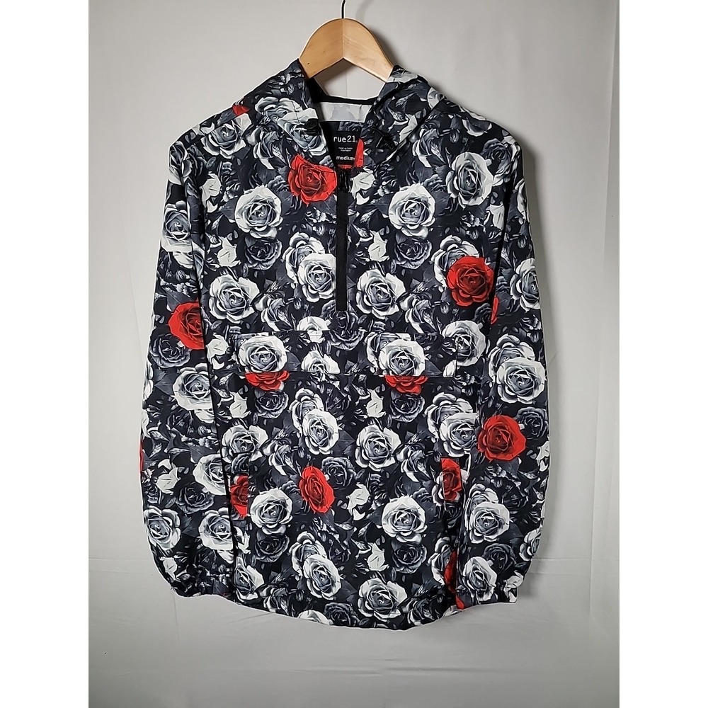 Rue 21 Rose‎ Windbreaker Floral Black White Red Medium Loose Fitted Baggy